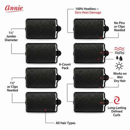 Annie Foam Hair Rollers 1 1/2 Inch Jumbo, 6 Count, Black