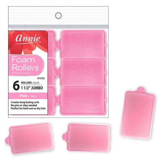 Annie Foam Hair Rollers 1 1/2 Inch Jumbo, 6 Count, Pink