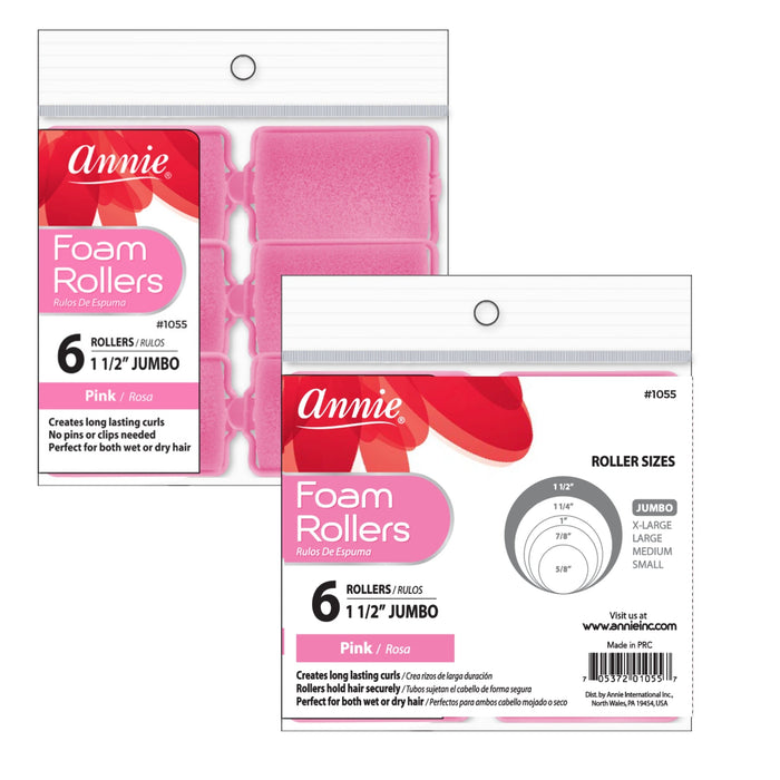 Annie Foam Hair Rollers 1 1/2 Inch Jumbo, 6 Count, Pink