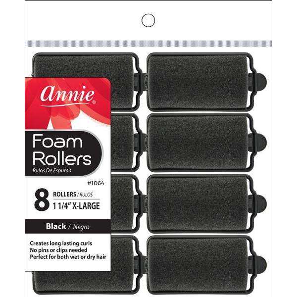 Annie Foam Hair Rollers 1 1/4 Inch X-Large, 8 Count, Black