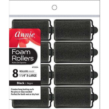 Annie Foam Hair Rollers 1 1/4 Inch X-Large, 8 Count, Black