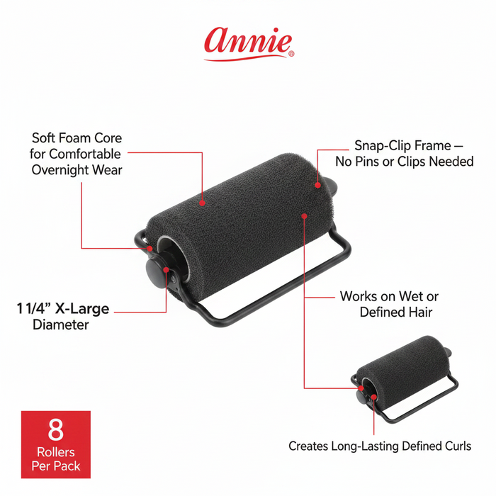 Annie Foam Hair Rollers 1 1/4 Inch X-Large, 8 Count, Black