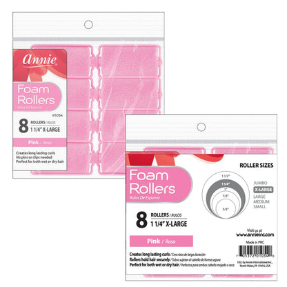 Annie Foam Hair Rollers 1 1/4 Inch X-Large, 8 Count, Pink