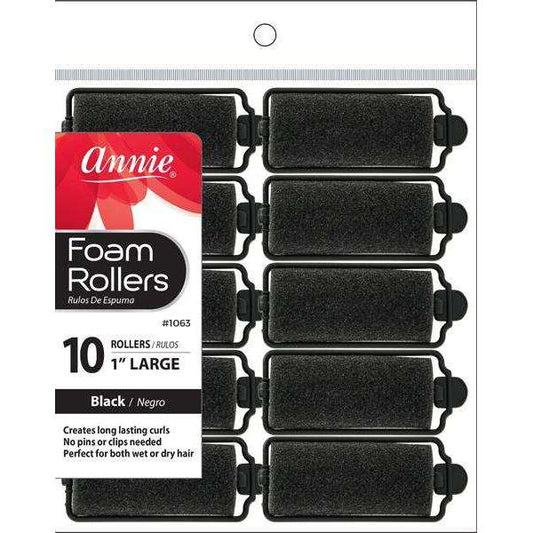 Annie Foam Hair Rollers 1 Inch Large, 10 Count, Black