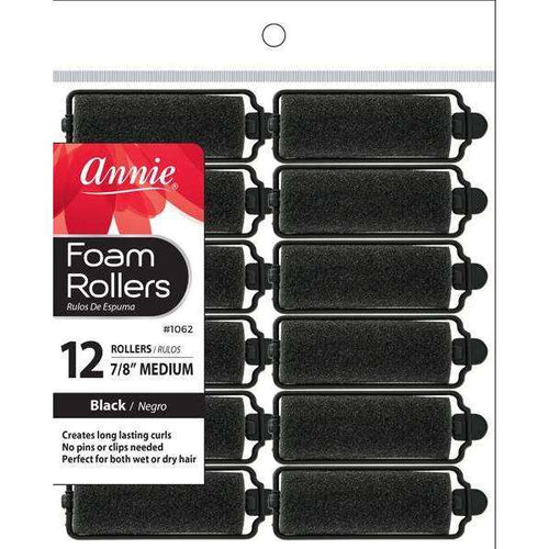 Annie Foam Hair Rollers 7/8 Inch Medium, 12 Count, Black