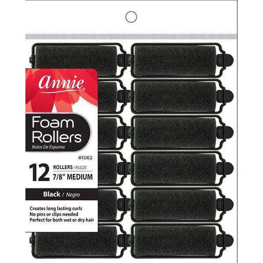 Annie Foam Hair Rollers 7/8 Inch Medium, 12 Count, Black