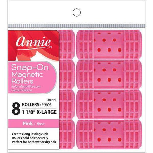 Annie Snap-On Magnetic Hair Rollers 1 1/8 Inch X-Large, 8 Count, Pink