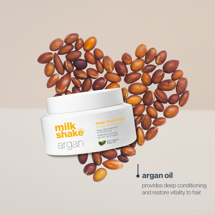 milk_shake Argan hair product with argan oil nuts on a beige background