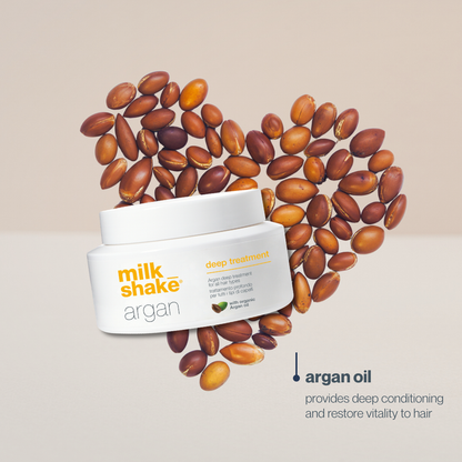 milk_shake Argan hair product with argan oil nuts on a beige background