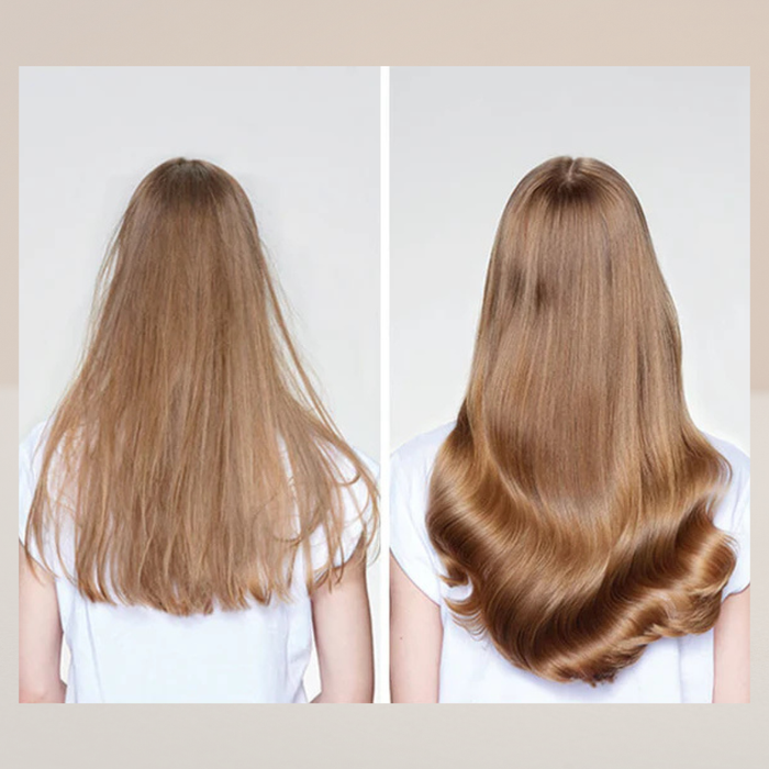 Before and after comparison of long, straight hair on a plain background after using milk_shake argan
