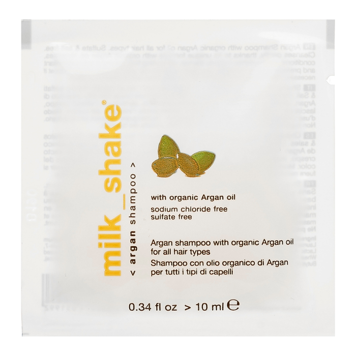 milk_shake Argan Shampoo packet with text and argan oil graphics on a white background