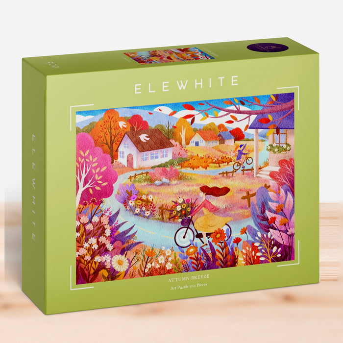Elewhite Autumn Breeze | 500 Piece Jigsaw Puzzle features original artwork of an autumn landscape with colorful trees, flowers, houses, and a pondside bicycle. Made from premium puzzle board for lasting durability.