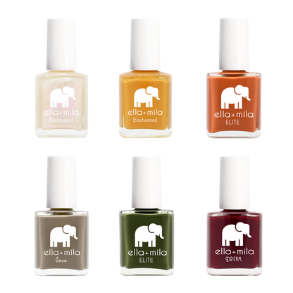 Autumn Leaves 6 nail polish bottles in cream, mustard, burnt orange, taupe, evergreen and burgundy
