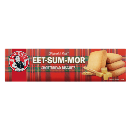 Red tartan box of Bakers EET-SUM-MOR Shortbread Biscuits featuring a stack of square cookies and a wheat illustration.