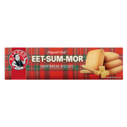 Red tartan box of Bakers EET-SUM-MOR Shortbread Biscuits featuring a stack of square cookies and a wheat illustration.