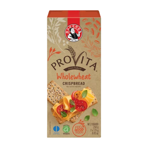 Rectangular tan box of Bakers Provita Wholewheat Crispbread 250g featuring two crackers topped with cheese and tomatoes.