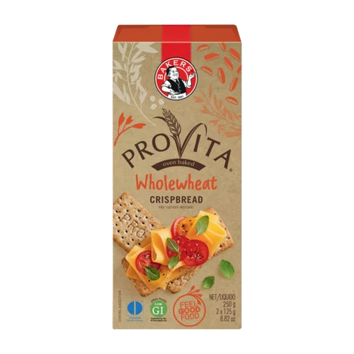 Rectangular tan box of Bakers Provita Wholewheat Crispbread 250g featuring two crackers topped with cheese and tomatoes.