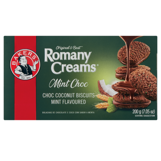 Green box of Bakers Romany Creams Mint Choc coconut biscuits, 200g, featuring a stack of chocolate cookies.