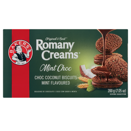 Green box of Bakers Romany Creams Mint Choc coconut biscuits, 200g, featuring a stack of chocolate cookies.