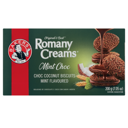 Green box of Bakers Romany Creams Mint Choc coconut biscuits, 200g, featuring a stack of chocolate cookies.