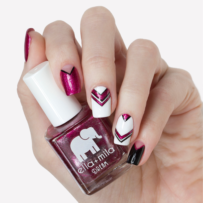 Bang Bang magenta nail polish with white chevron nail art