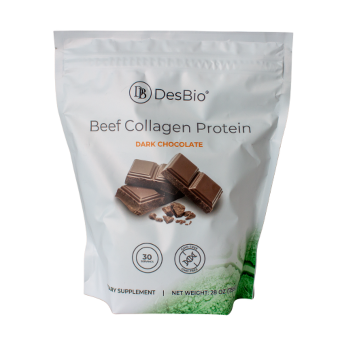 DesBio Beef Collagen Protein Dark Chocolate container featuring hydrolyzed beef collagen with cocoa and monk fruit extract.