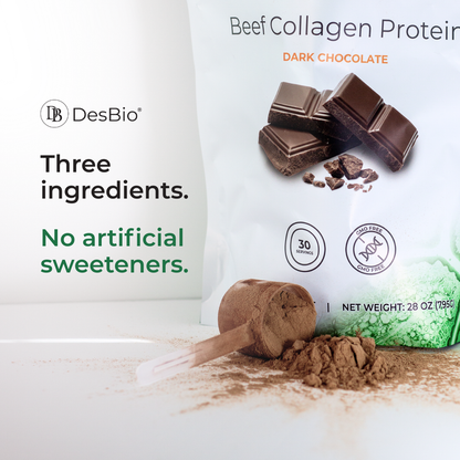 DesBio Beef Collagen Protein Dark Chocolate container featuring hydrolyzed beef collagen with cocoa and monk fruit extract.