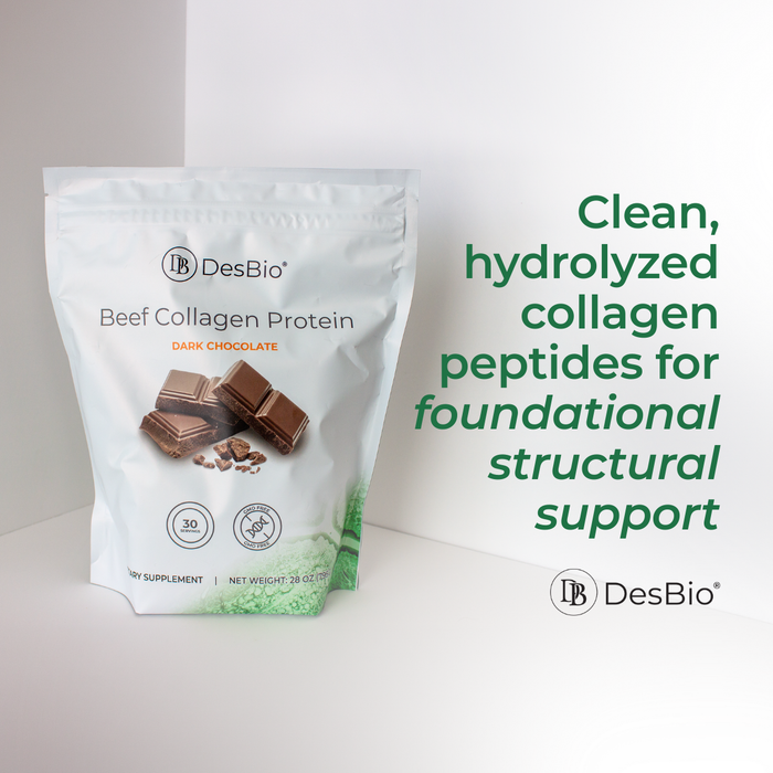 DesBio Beef Collagen Protein Dark Chocolate container featuring hydrolyzed beef collagen with cocoa and monk fruit extract.