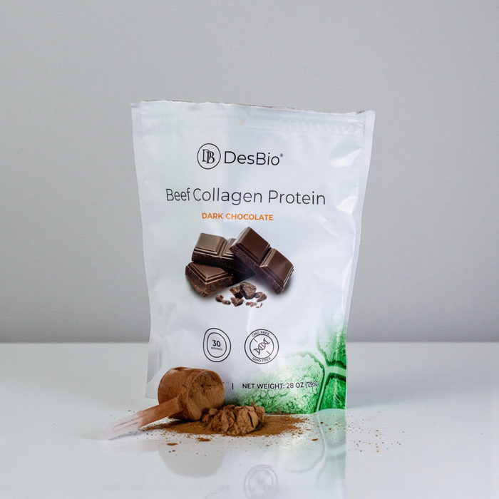 DesBio Beef Collagen Protein Dark Chocolate container featuring hydrolyzed beef collagen with cocoa and monk fruit extract.