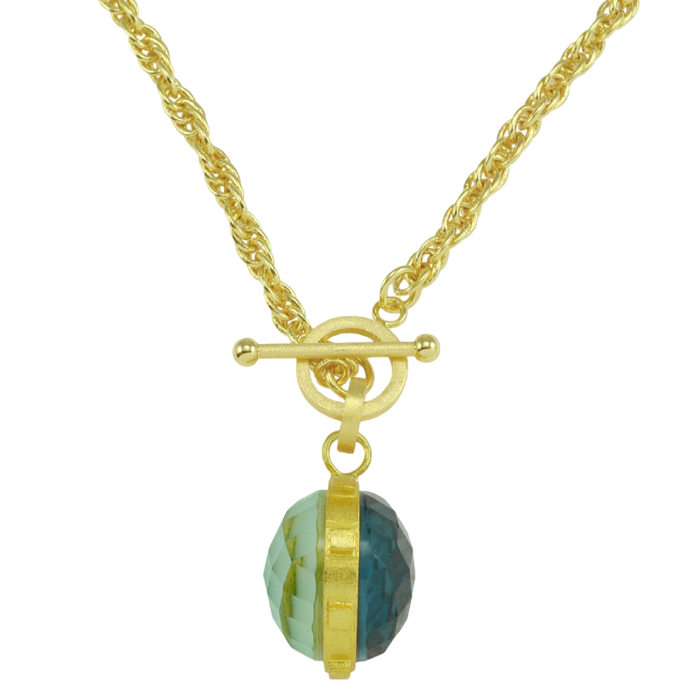 Betty Carre Gisele Necklace, Aqua Mist necklace, Clover necklace, reversible pendant necklace, double sided pendant, gemstone necklace, Betty Carre jewelry, layering necklace, gold necklace, everyday jewelry, colorful pendant necklace, statement necklace, boutique jewelry, gift for her, fashion jewelry, designer jewelry, elegant necklace, versatile jewelry, women's necklace, Betty Carre pendant