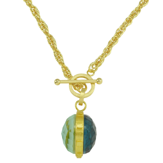 Betty Carre Gisele Necklace, Aqua Mist necklace, Clover necklace, reversible pendant necklace, double sided pendant, gemstone necklace, Betty Carre jewelry, layering necklace, gold necklace, everyday jewelry, colorful pendant necklace, statement necklace, boutique jewelry, gift for her, fashion jewelry, designer jewelry, elegant necklace, versatile jewelry, women's necklace, Betty Carre pendant