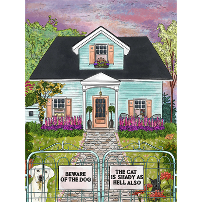 The Beware of the Dog... | 1,000 Piece Jigsaw Puzzle by Ellembee gift features a blue house with flowers, playful pet signs, and animals at the gate. Made with recycled paper and no AI art—just quality craftsmanship for puzzle lovers!.