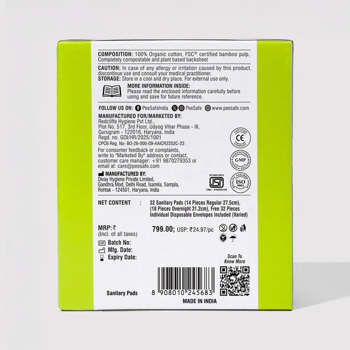 Pee Safe Biodegradable Sanitary Pads - Subscription Pack (Pack of 32)