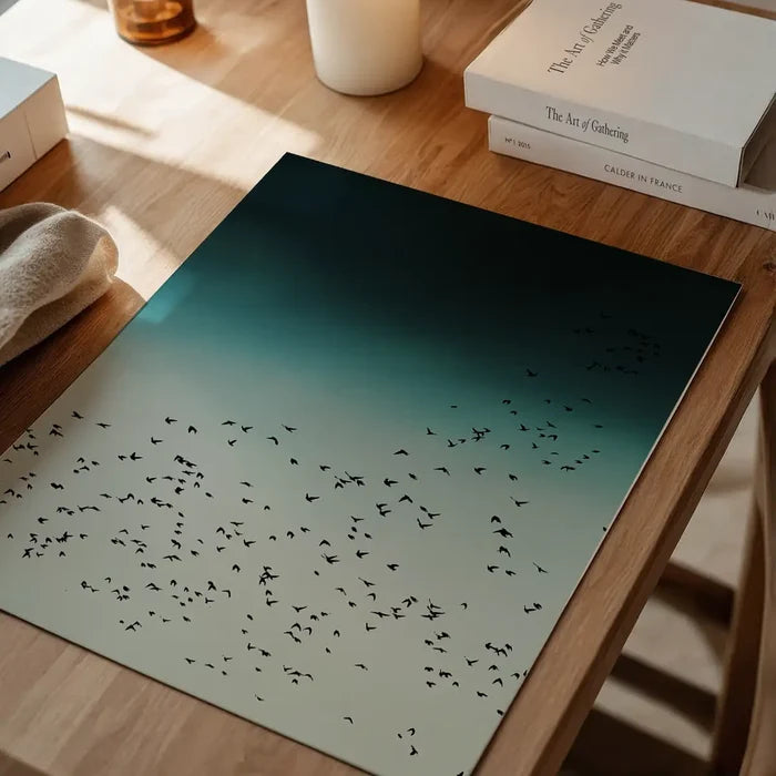 Scandinavian style Birds In Flight print on archival art paper, featuring a flock of black birds against a teal and light blue gradient.