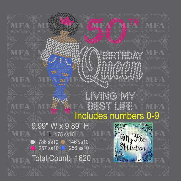 Birthday Queen with Year Woman 30 40 50 60 75 Rhinestone Digital Download File - My File Addiction