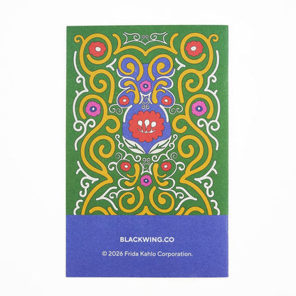 Back of Blackwing Quarterly zine, Volume 143, Issue 003, August 2026, featuring a colorful illustration with yellow and white scrolls, and pink and red flowers on a green background.