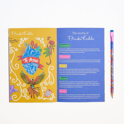 Pages inside the Blackwing Quarterly zine, Volume 143, Issue 003, August 2026, featuring motifs of Frida Kahlo and her artwork, next to a Volume 143, Frida Kahlo pencil.