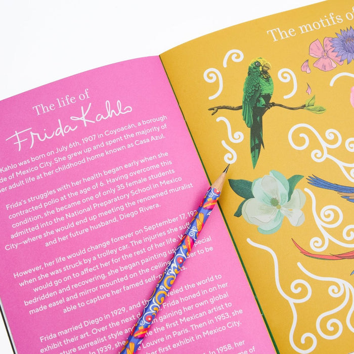 Pages inside the Blackwing Quarterly zine, Volume 143, Issue 003, August 2026, featuring text of 'the life of Frida Kahlo' and motifs, with a Volume 143, Frida Kahlo pencil on top.