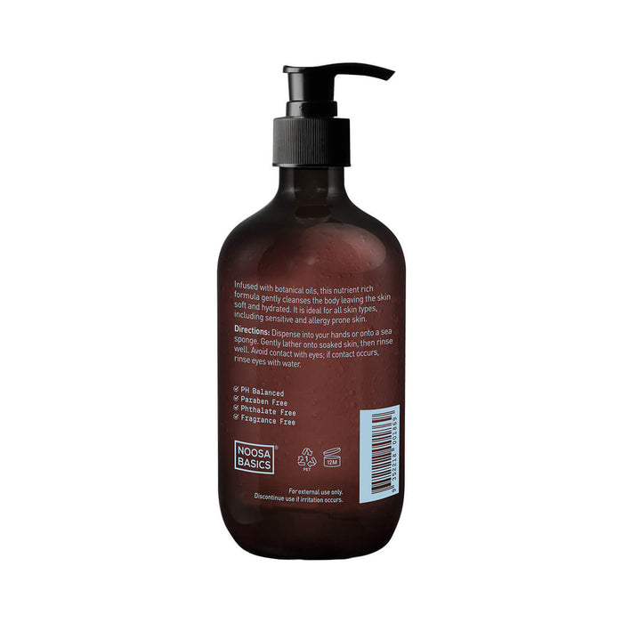 Back of 500ml pump bottle Noosa Basics Body & Hand Wash - Coconut & Lime, all natural soap made with organic ingredients.