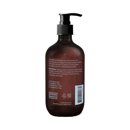 Back of 500ml pump bottle Noosa Basics Body & Hand Wash - Coconut & Lime, all natural soap made with organic ingredients.