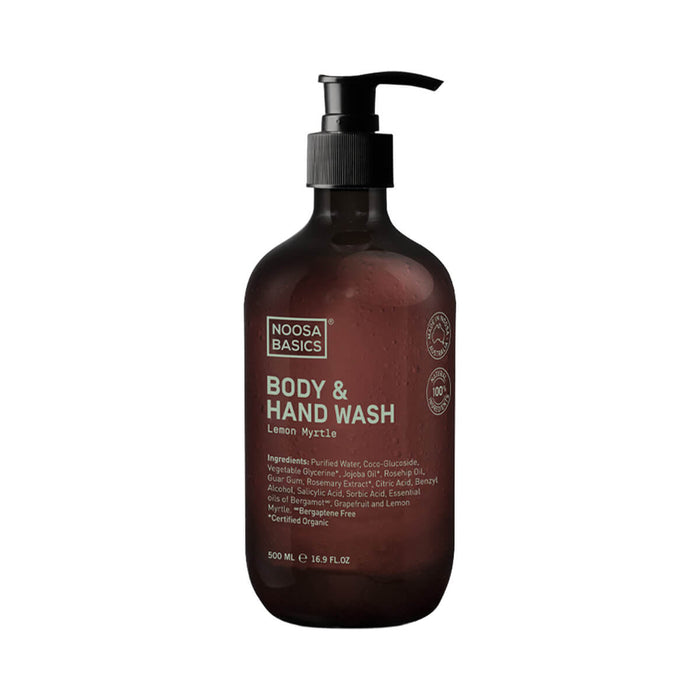 500ml pump bottle Noosa Basics Body & Hand Wash - Lemon Myrtle, all natural soap made with organic ingredients.