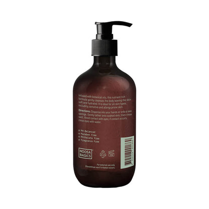 Back of 500ml pump bottle Noosa Basics Body & Hand Wash - Lemon Myrtle, all natural soap made with organic ingredients.