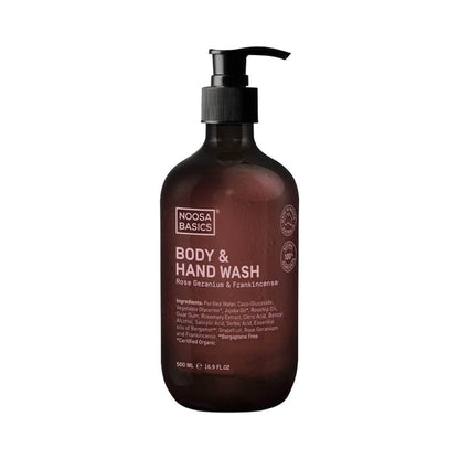 500ml pump bottle Noosa Basics Body & Hand Wash - Rose Geranium & Frankincense, all natural soap made with organic ingredients.