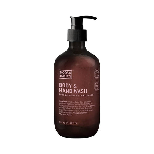 500ml pump bottle Noosa Basics Body & Hand Wash - Rose Geranium & Frankincense, all natural soap made with organic ingredients.