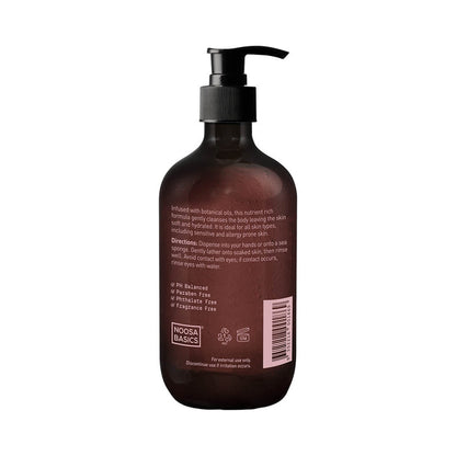 Back of 500ml pump bottle Noosa Basics Body & Hand Wash - Rose Geranium & Frankincense, all natural soap made with organic ingredients.