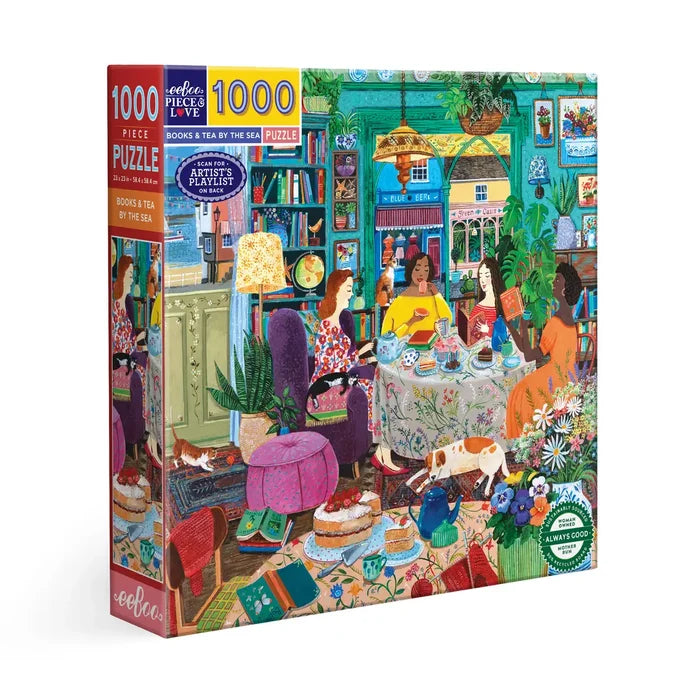 The eeBoo Books & Tea By the Sea 1,000 Piece Jigsaw Puzzle shows two women having tea in a vibrant, book-filled room with plants, art, and cats—ideal for a women’s reading group puzzle night.