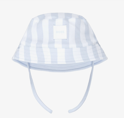 BOSS Baby Boys Blue & White Stripe Cotton Reversible Logo Sun Hat