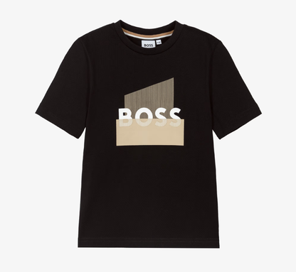 BOSS Boys Black Cotton T-Shirt with Updated Split Logo Print