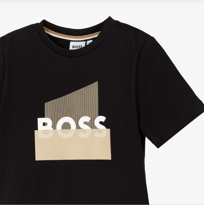 BOSS Boys Black Cotton T-Shirt with Updated Split Logo Print