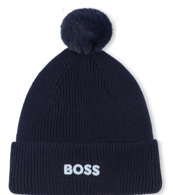 BOSS Boys Blue Knitted Cotton Pom-Pom Hat